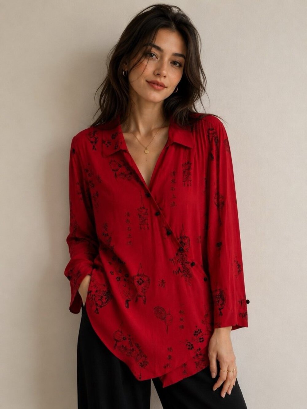 Soft Surroundings 2X Asian Lantern Tunic Wrap Long Sleeves Asymmetrical